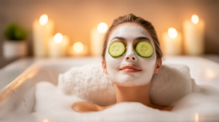 Woman relaxes in bubble bath with facial mask and cucumber slices on eyes. Soft candlelight creates a tranquil atmosphere. Concept of wellness, beauty treatment, spa services