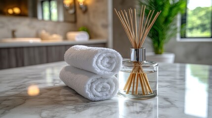 Rolled white towels on marble countertop, aroma diffuser