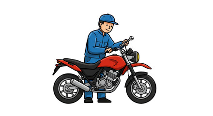 Cartoon Mechanic with Wrench and Red Motorcycle