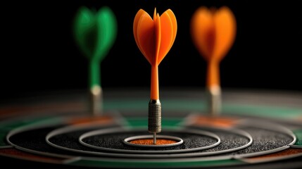 Fototapeta premium Bullseye Triumph: An overhead perspective captures the precision of dartboard, with a vibrant orange dart piercing the bullseye, flanked by other darts.