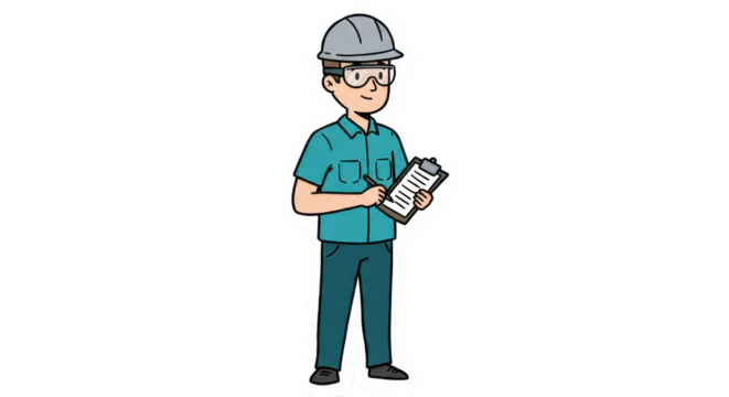 Cartoon Worker with Clipboard and Safety Gear