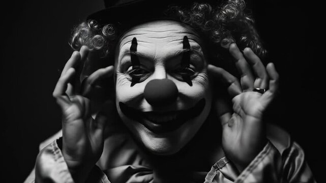 Sad mime in black and white, depicts a sorrowful clown in silence. Suitable for theater posters, emotional articles, and storytelling visuals.