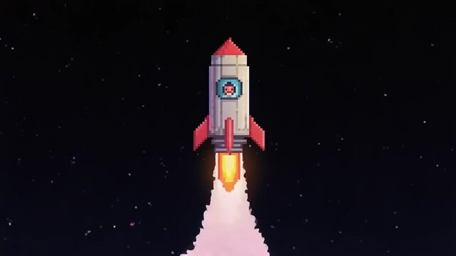 Colorful pixel art rocket launching into space with stars in the background, symbolizing adventure