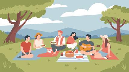 Minimalist Vector SVG Illustration of a Picnic Scene with People and Nature in Flat Design Style with Soft Colors