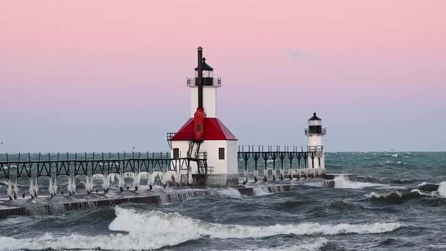 Video of St. Joseph, Michigan lighthouse on Lake Michigan of the Great Lakes moments before dawn enduring the effects of powerful northerly winter winds with catwalk supports covered in snow and ice.