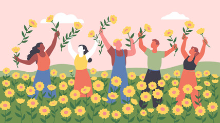 Illustration Vector SVG of Women Holding Flowers in a Field in Modern Flat Style with Bright Colors