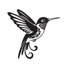 Obraz premium A dynamic black silhouette of a hummingbird in flight, with detailed wings and body, is presented isolated on a white background