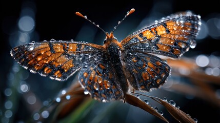 Butterfly covered in water droplets perched on a plant, blurry background