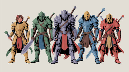 Fototapeta premium Vector SVG Illustration of Fantasy Warrior Characters with Armor and Weapons in Modern Flat Style with Vibrant Colors