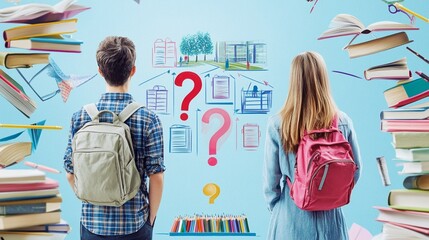 Exploring educational choices: Two students face a wall of possibilities, surrounded by books and question marks, symbolizing academic decision-making and future pathways