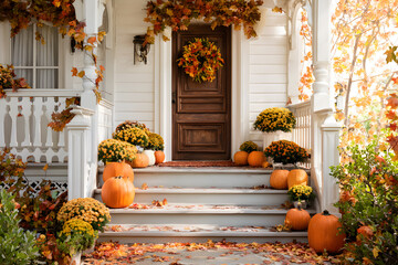 Obraz premium Welcoming Front Porch Decorated with Pumpkins, Fall Leaves, and Festive Wreath, Evoking the Warmth of Autumn, Seasonal Home Decor, and the Cozy Atmosphere of Holiday Gatherings and Family Time