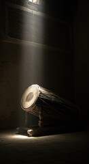 Ancient Drum Illuminated in a Dark Room: A Mystical Musical Instrument