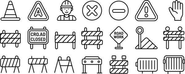 Pixel perfect roadblock and construction warning icon set, editable stroke, traffic safety, caution signs, under construction barriers, 64x64