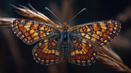 Butterfly's wings display intricate orange, brown, and tan patterns with dewdrops on its wings