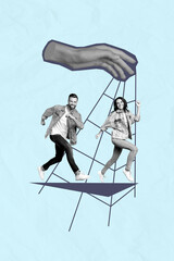 Image zine sketch 3d collage poster of girl guy hang rope marionette exploitation hand control toy...