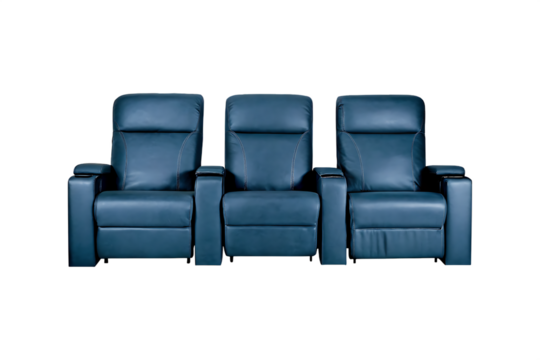 Three blue leather theater seats isolated on a transparent background