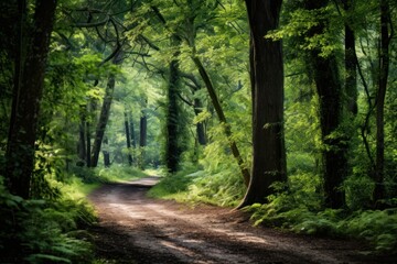 Naklejka premium Forest path leading through tall trees woodland nature green.