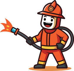 Cute cartoon firefighter character wearing orange protective gear and helmet holding a hose with water spraying out isolated on transparent background