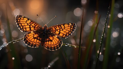 Butterfly rests atop blades of dew-kissed grass, bathed in soft, golden light