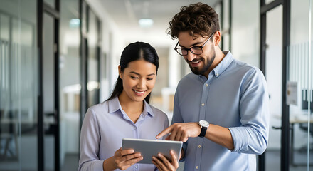 Two smiling colleagues review data on a tablet in a modern office hallway image
