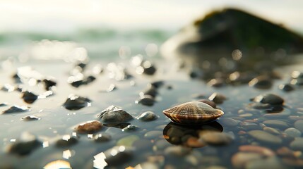 Close up of a seashell on a wet pebble beach with soft ocean background