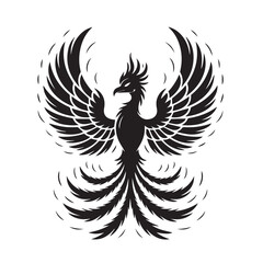 Obraz premium A powerful black silhouette of a mythical phoenix with spread wings, isolated on a white background
