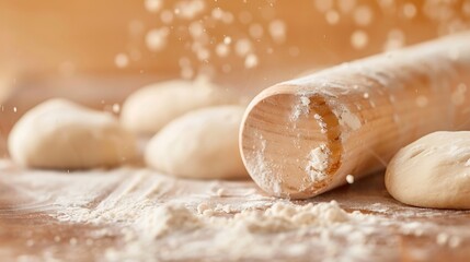 Flour dusts over dough balls and rolling pin on wooden surface