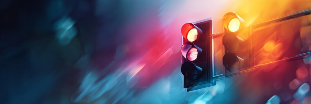 Vibrant traffic light glowing with red and yellow signals against a blurred, dynamic blue and pink background, symbolizing urban motion and transportation flow
