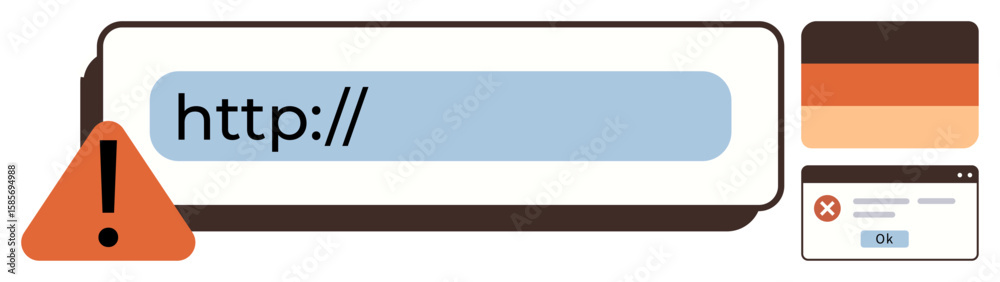 Poster url bar with alert triangle, error pop-up, and text box suggest internet mishap or security issue. i