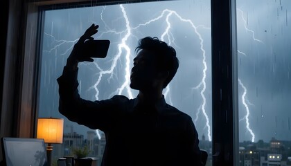 Man taking picture of lightning storm with phone during rain weather photography