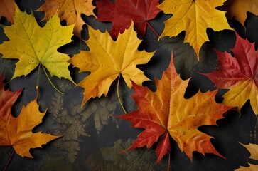 Fototapeta premium Vibrant maple leaves in autumn colors scattered on a dark textured surface
