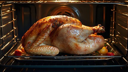 Fototapeta premium Golden brown roasted whole turkey with crispy skin cooking in oven with vegetables on baking tray, traditional holiday dinner preparation.
