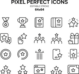 Pixel perfect star icons, rating symbols, feedback icons, achievement badges, award vector set, outline style, editable stroke, UI elements pack