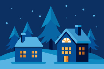 Fototapeta premium snowy houses with glowing interiors and frosty