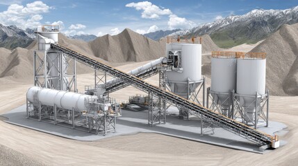 Obraz premium Concrete production plant with conveyor belts, silos, and heavy dust particles
