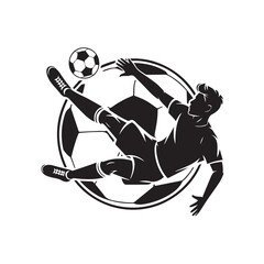 A soccer player in silhouette performs a bicycle kick with a large soccer ball in the background, creating a dramatic and athletic composition