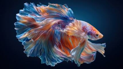 Elegant betta fish swims, vibrant orange and blue fins flowing against dark background