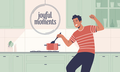 Joyful Moments: Happy Man Dancing and Cooking in a Modern Kitchen