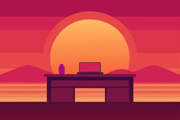 vibrant pink orange sky beyond a luxurious desk  .svg