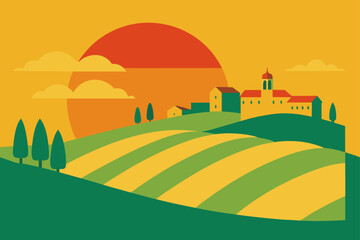 view of assisi through sun drenched vineyards  