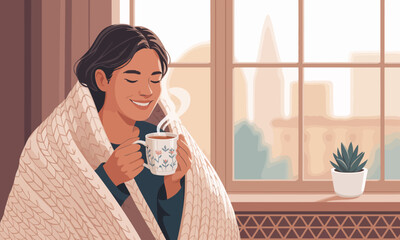 Cozy Comfort: Woman Enjoying Hot Drink by Window