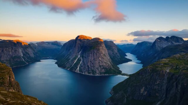 A scenic view of Trolltunga, the rock formation, at sunset with mountains and a river in the background.