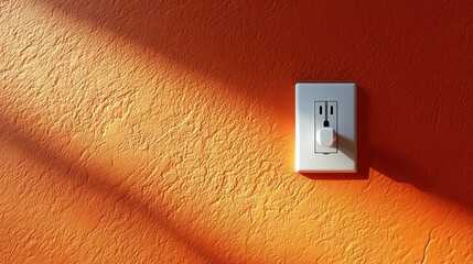 White electrical outlet on orange textured wall with sunlight
