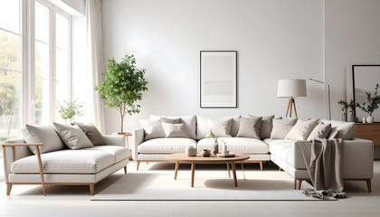 Fototapeta premium Modern Minimalist Living Room with White Sectional Sofa and Natural Light