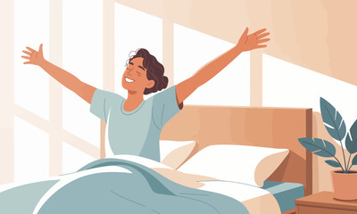 Obraz premium Woman stretching and waking up in bed with sunlight streaming through the window, feeling refreshed and happy.