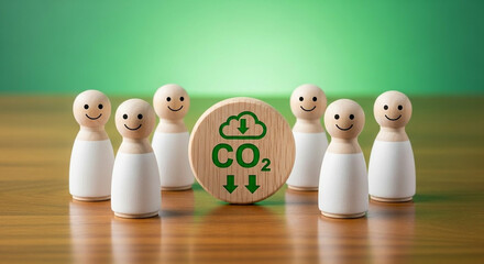 People gathered around a wooden disc with co2 symbol and cloud icon