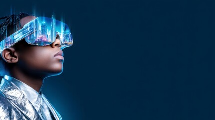 A person wearing futuristic augmented reality glasses reflects a vibrant cityscape, symbolizing advanced technology and digital innovation.