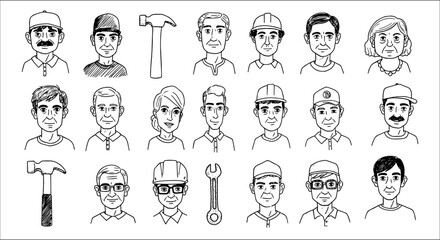 Detailed collection of hand-drawn black and white illustrations featuring diverse human portraits (men, women, different ages) and construction-related tools like hammers and wrenches.