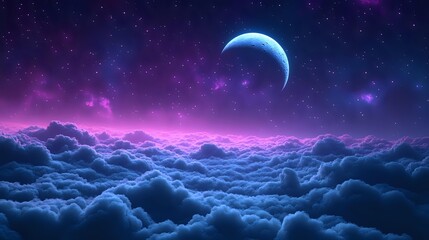 Mystical night sky with crescent moon above glowing purple clouds and stars, creating ethereal atmosphere for fantasy and space designs.