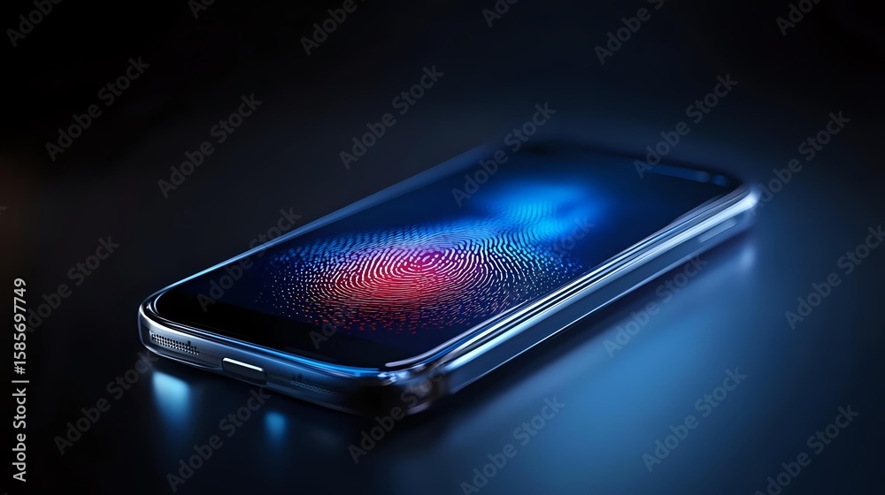 Poster smartphone with glowing digital fingerprint scan on dark background displaying modern biometric secu